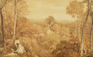 कॉटेज और कंट्रीव्यूमेन, हर्ले, बर्क, 1818 के साथ वुडेड परिदृश्य द्वारा जोशुआ क्रिस्टाल