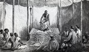 बाइबल में कामरासी का पहला पाठ, जॉन हैनिंग स्पेक द्वारा &39;ए जर्नल ऑफ़ द डिस्कवरी ऑफ़ द नाइल ऑफ द सोर्स ऑफ द नील&39; का चित्रण, 1864 में प्रकाशित