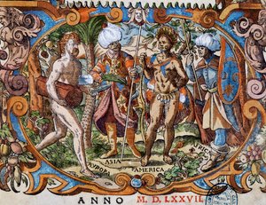 चार महाद्वीप, शीर्षक पृष्ठ से विस्तार, जोस्ट अम्मान द्वारा उत्कीर्ण (1539-1591) द्वारा जोस्ट अम्मान