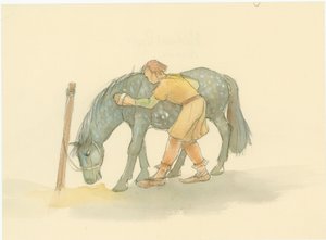 एक मध्यकालीन दूल्हा घोड़े को ब्रश करते हुए, 2004।