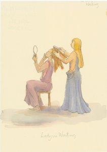प्रतीक्षा में एक मध्यकालीन महिला, एक महिला के बालों को संवारती हुई, 2004। द्वारा जूडिथ डोबी