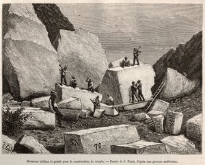 मंदिर निर्माण के लिए मॉर्मन नक्काशी ग्रेनाइट। 1875 में विलियम हेपवर्थ डिक्सन द्वारा लिखित ला कॉन्क्वेट ब्लैंच की कहानी को चित्रित करने के लिए जे. फेरैट के चित्र के बाद उत्कीर्णन, "ले टूर डू मोंडे""" 1876 में प्रकाशित, एडौर्ड चार्टन द्वा द्वारा जूल्स (बाद) फेरत