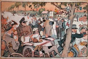 पेरिस-बर्लिन रैली में एम. फोरनियर का कैरिकेचर सेट करते हुए द्वारा जूल्स हाबिल फैवरे