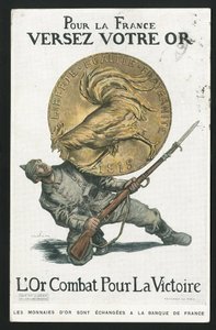 पोस्टकार्ड, व्यंग्य एन कलर्स, लगभग 1915: फ्रांस के लिए, अपना सोना डालो - 14 -18 का युद्ध, जर्मनी प्रशिया, रजत, जुझारू और प्रतीक, विजय, उधार, देशभक्त यात्रा - मुर्गा - एबेल फेवरे द्वारा चित्रण (1867-1945) द्वारा जूल्स हाबिल फैवरे