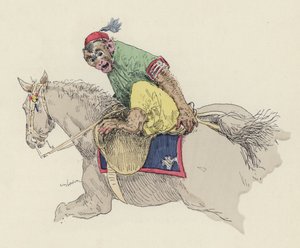 घोड़े पर सवार बंदर (कलर लिथो)