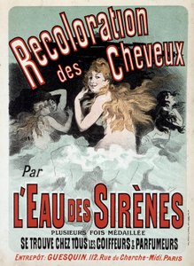 बादलों में नग्न महिलाएं - 19वीं सदी के अंत में जूल्स चेरेट द्वारा "" L'Eau des sirenes"" (बालों का रंग बदलना) का विज्ञापन द्वारा जूल्स चेरी