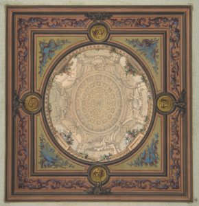 एक coffered गुंबद के एक ट्रॉम लूप पेंटिंग के साथ एक छत की सजावट के लिए डिजाइन