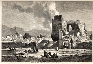 तेहरान (वर्तमान ईरान) के उपनगर। 1855 से 1858 तक आर्थर गोबिन्यू की फारस की यात्रा को चित्रित करने के लिए जूल्स लॉरेन्स (1825-1901) द्वारा चित्रण। "ले टूर डू मोंडे, नोव्यू जर्नल डेस वॉयेजेस" पेरिस में उत्कीर्णन