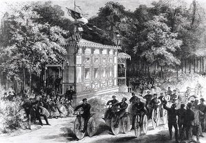 प्री कैटलन में एक वेलोसिपेड रेस, c.1860-70 (उत्कीर्णन) (b/w फोटो) द्वारा जूल्स पेल्कोक
