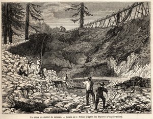 कैलिफ़ोर्निया में एक खनन दावा या कार्यशाला, जूल्स पेल्कोक द्वारा चित्रित, 1850-1852 में बैरन डी वोगन की कैलिफ़ोर्निया यात्रा की कहानी को चित्रित करने के लिए। "" ले टूर डू मोंडे, नोव्यू जर्नल डेस वॉयेजेज "" पेरिस में उत्कीर्णन द्वारा जूल्स पेल्कोक