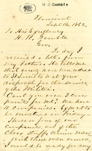 16 सितंबर, 1862 को महामहिम एचआर गैंबल को जूलियन बेट्स, फ्लोरिसेंट द्वारा हस्ताक्षरित पत्र द्वारा जूलियन बेट्स