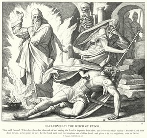 शाऊल ने एंडोर की चुड़ैल से सलाह ली (उत्कीर्णन) द्वारा जूलियस (बाद में) श्नोरर वॉन कैरोलसफील्ड