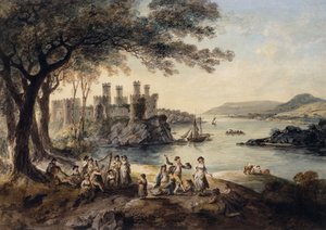 1796 में अग्रभूमि में जॉन स्मिथ "द ब्लाइंड हार्पर" के साथ कॉनवे कैसल द्वारा जूलियस सीजर इबेट्सन