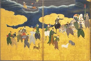 17 वीं शताब्दी की शुरुआत में दक्षिणी बर्बरियन का विस्तार व्यापार में आया, छह-पैनल स्क्रीन की जोड़ी द्वारा कानो नाइज़ेन