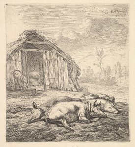 तीन सूअर, उनके किनारे पर, एक सूअर का बच्चा और गर्त, 1652 से परे।