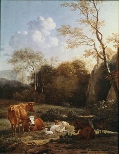 जानवर एक धारा के पास दब गया। कारेल दुजार्डिन द्वारा पेंटिंग (1622-1678) 1656 सन। 52x43 सेमी पेरिस, मुसी डू लौवरे द्वारा करेल दुजार्दिन