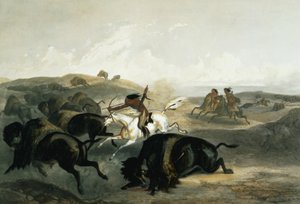 कार्ल वोगेल (1816-51) 1844 (एक्वाटिंट) द्वारा उत्कीर्ण &39;ट्रेवल्स इन द नॉर्थ अमेरिका के आंतरिक भाग&39; के खंड 2 से बाइसन हंटिंग का शिकार हुए भारतीय।
