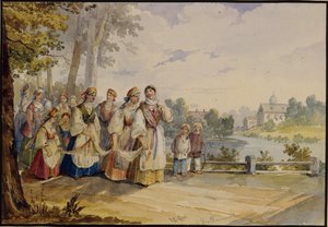 फेस्टिवल ड्रेस के साथ रूसी किसान लड़कियां, 1845