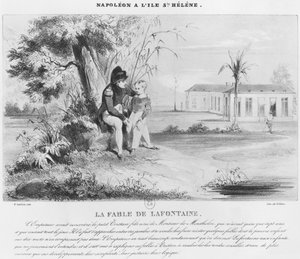 सेंट हेलेना के द्वीप पर नेपोलियन I (1769-1821), विलेन द्वारा उकेरे गए ट्रिस्टन डे मंथोलोन को जीन डे ला फोंटेन के दंतकथाओं को समझाते हुए।