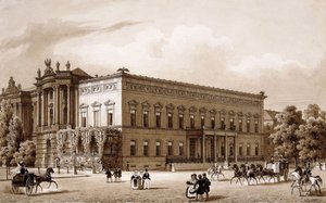 Unter den Linden, बर्लिन। प्रिंस विल्हेम का महल, 1834-36 में कार्ल लैंगहैंस द्वारा निर्मित, और जोनिफ एमानुएल फिशर वॉन एरलाच द्वारा योजना के अनुसार, जोर्ज क्रिस्चियन उंगेर 1775-78 द्वारा निर्मित, कुनिग्लिच बिब्लियोथेक, प्लात्ज़ एम ओपेरनहौस की ओर मुख किए हुए