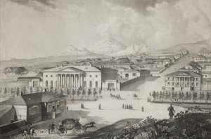 19 वीं सदी के मध्य में होटल और Pyatigorsk के केंद्र का दृश्य