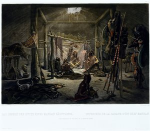 एक मंडन प्रमुख की कुटिया का आंतरिक भाग, जो नारसीस एडमंड डेसमड्रील (b.1801) c.1835 द्वारा उकेरा गया (एक्वाटिंट के साथ उत्कीर्ण किया गया) द्वारा बोडर के बाद कार्ल