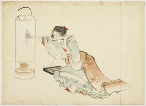 लेडी एडजस्टमेंट ए लैंप, c.1815-1849 (कागज पर स्याही और रंग) द्वारा कटुशिका (स्कूल ऑफ होकुसाई)