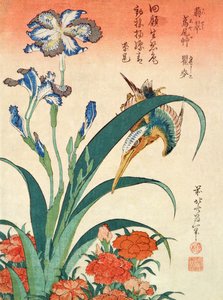 किंगफिशर, आइरिस और पिंक, पब। Nishimura Eijudo द्वारा, c.1832, दस प्रिंटों के सेट में से एक, (चूबन आकार, रंग लकड़ी के कपड़े) द्वारा कत्सुशिका होकुसाई