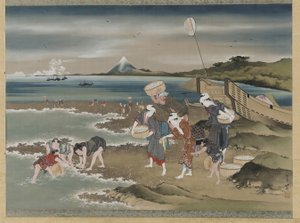 लैंडस्केप: क्लैम-कलेक्टर्स ऑन द किनारे (रेशम पर स्याही और रंग) द्वारा कत्सुशिका होकुसाई
