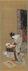 नए साल का रिवाज: नए साल की सुबह पर मेकअप, ईदो की अवधि, c.1806-11 (रेशम पर स्याही का रंग) द्वारा कत्सुशिका होकुसाई