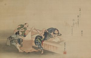 मोची के लिए तेज़ चावल, मोमोतो हिनामारो द्वारा लिखी गई, ईदो की अवधि, c.1822 (रेशम पर लटका हुआ अवांछित रंग, जो स्क्रॉल किए गए स्क्रॉल के रूप में घुड़सवार होता है) द्वारा Katsushika Hokusai