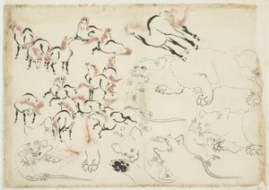घोड़े, बिल्लियों और चूहों का अध्ययन ("होकुसाई मंगा" से), c.1815-1849 (कागज पर स्याही और रंग) द्वारा कत्सुशिका होकुसाई
