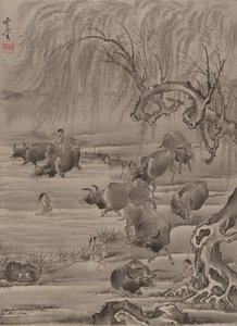भैंस और झुंड, सीए। 1887। द्वारा कवनाबे क्योसई