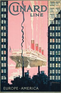शिपिंग कंपनी Cunard Line, c के साथ यूरोप से अमेरिका की पोस्टर विज्ञापन यात्रा। 1925 (रंग लिथोग्राफ)