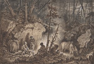 1830-60 की रात में जंगल में आराम करते शिकारी। द्वारा किलियन क्रिस्टोफर रीति-रिवाज