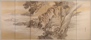 पीने वाले बाघ को दर्शाती छह-गुना स्क्रीन, 1749-1838