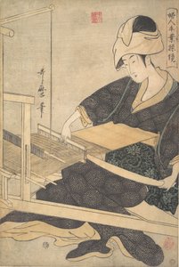 एक महिला बुनाई, एक हथकरघे पर बैठी, सीए। 1796. द्वारा किटगावा उतामारो