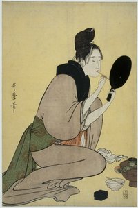 Bijin-गा। अपने होठों पर मेकअप लगाने वाली लड़की द्वारा किटगावा उतामारो