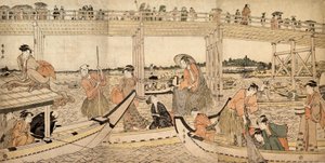 1790 के रयोगोकू ब्रिज के नीचे जाल के साथ मछली पकड़ने वाली नावें। द्वारा किटगावा उतामारो