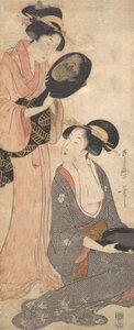 दो देवियों, प्रत्येक एक लाख दर्पण के एक भाग के साथ, 1790 के दशक। द्वारा किटगावा उतामारो