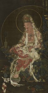 एक विलो-शाखा बोधिसत्व अवलोकितेश्वरा (कवनसेम पोसल) का चित्रण करते हुए हैंगिंग स्क्रॉल, एक पैराडाईज गार्डन, कोरिओ वंश (स्याही, रंग और रेशम पर सोना) में बैठा हुआ