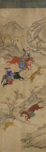 शिकार दृश्य (हिरण और बाघ का शिकार करने वाले 3 सवार) (wc कागज पर) द्वारा कोरियाई स्कूल