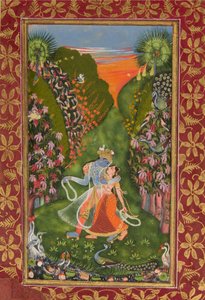 राधा और कृष्ण वॉक इन ए फ्लावरिंग ग्रोव रेक्टो, कृष्णा फ्लूटिंग वर्सो, c1720 r, c1750-75 v द्वारा कोटा मास्टर