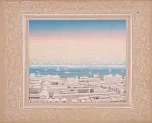 सजावटी सीमा के साथ लंदन का हवाई दृश्य, c1845