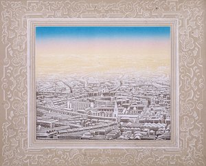 सजावटी सीमा के साथ लंदन का हवाई दृश्य, c1845