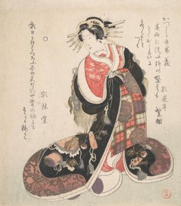 गुड लक के प्रतीक के साथ कशीदाकारी एक विस्तृत गाउन पहने तवायफ, ca. 1800. द्वारा कूबो शुमन