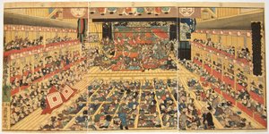 ओडोरी-कीयो एदो-ए नो साके: थिएटर इंटीरियर विद शिबारक प्रदर्शन, 1858