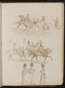 पहाड़ी परिदृश्य में दो महिलाओं और एक आदमी की सवारी, घोड़े पर सैनिकों का अध्ययन, बातचीत में तीन गार्डमैन का अध्ययन