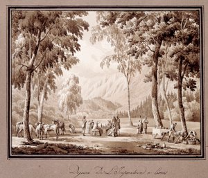 1810 में सर्वोस में इंप्रेस जोसेफिन डी ब्यूहरनाइस का नाश्ता। थियोडोर टर्पिन डी क्रिस द्वारा ड्राइंग (1782-1859)