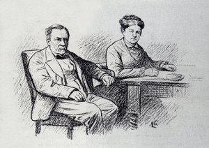 लुई पाश्चर (1822-1895) का पोर्ट्रेट, फ्रांसीसी रसायनज्ञ और भौतिक विज्ञानी अपनी पत्नी मैरी लॉरेंट के साथ संबंध निर्धारित करते हैं। लुसिएन लॉरेंट-गसेल (लॉरेंट गेसेल) द्वारा स्केच (1860-1944)। डॉ द्वारा लॉरेंट लुसिएन गसेल